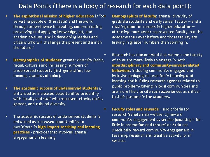 Data Points (There is a body of research for each data point): • •