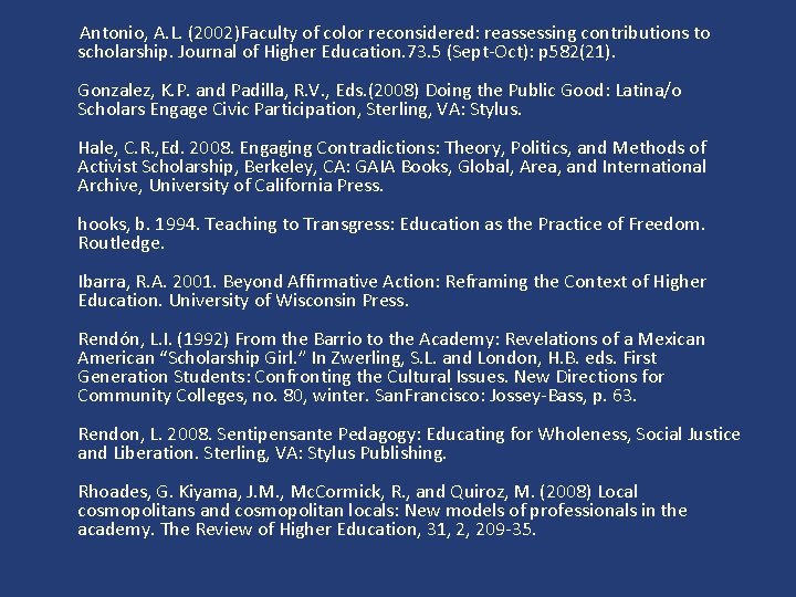 Antonio, A. L. (2002)Faculty of color reconsidered: reassessing contributions to scholarship. Journal of Higher
