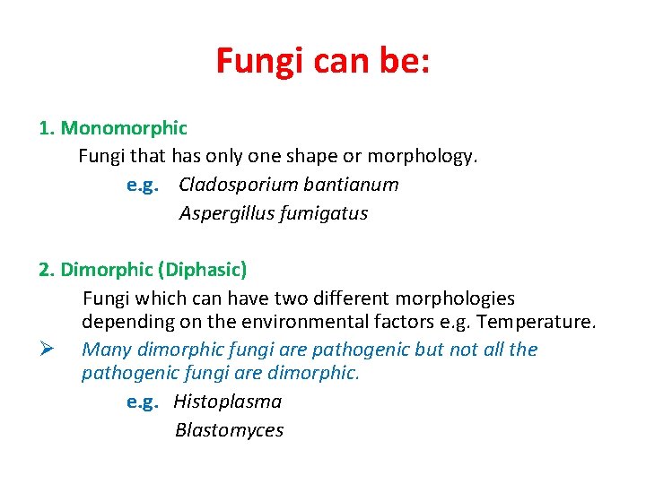 Fungi can be: 1. Monomorphic Fungi that has only one shape or morphology. e.