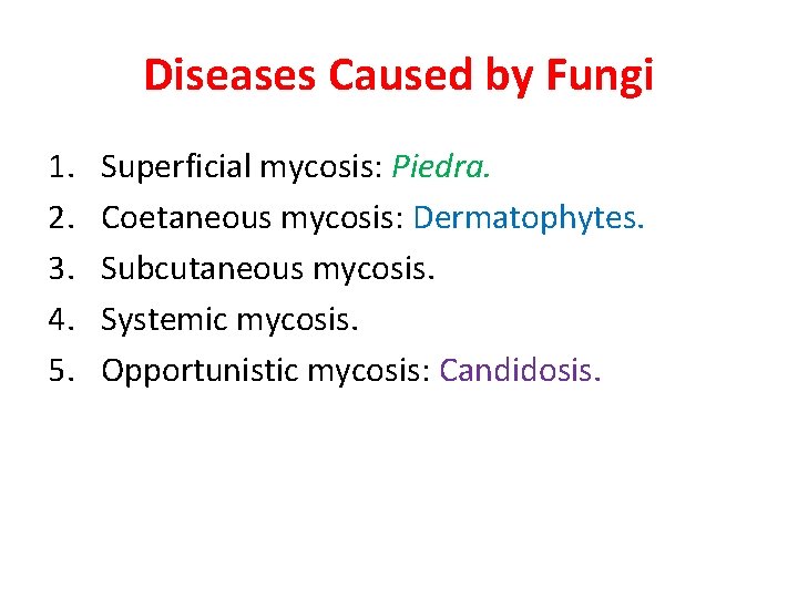 Diseases Caused by Fungi 1. 2. 3. 4. 5. Superficial mycosis: Piedra. Coetaneous mycosis: