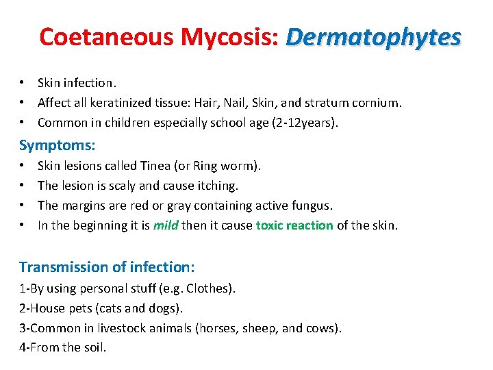 Coetaneous Mycosis: Dermatophytes • Skin infection. • Affect all keratinized tissue: Hair, Nail, Skin,