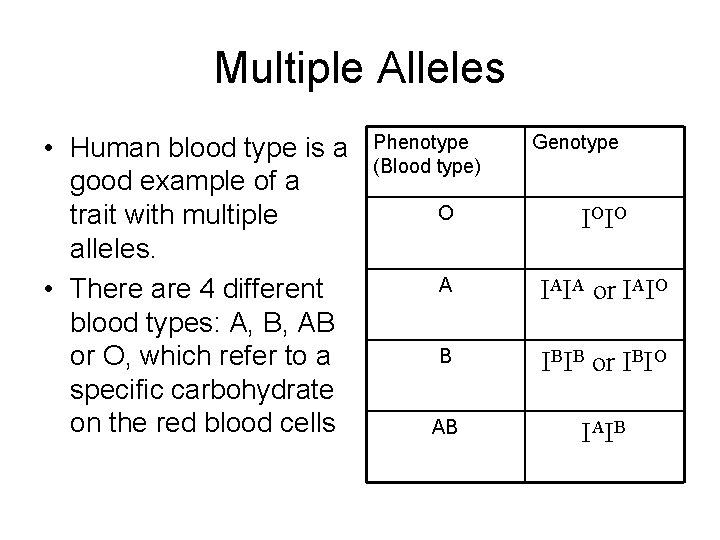 Multiple Alleles • Human blood type is a good example of a trait with