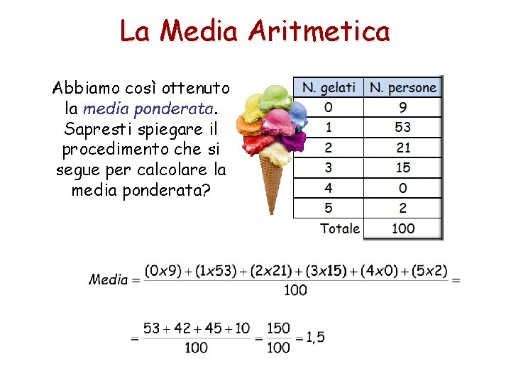 La Media Aritmetica Abbiamo così ottenuto la media ponderata. Sapresti spiegare il procedimento che