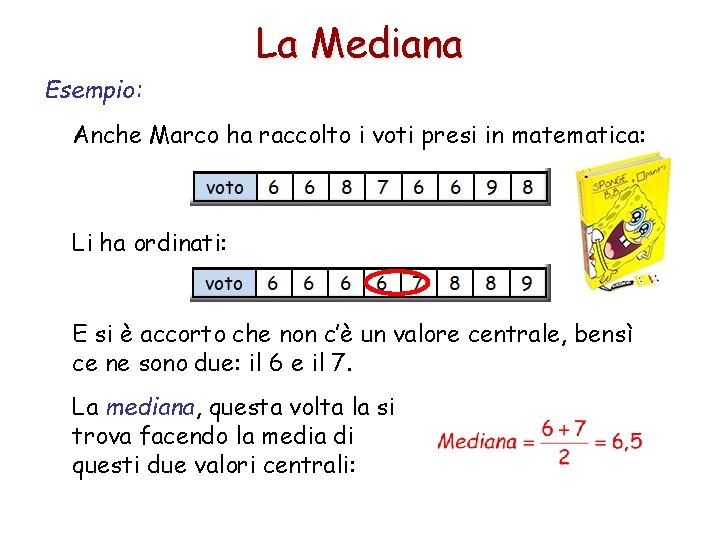 La Mediana Esempio: Anche Marco ha raccolto i voti presi in matematica: Li ha