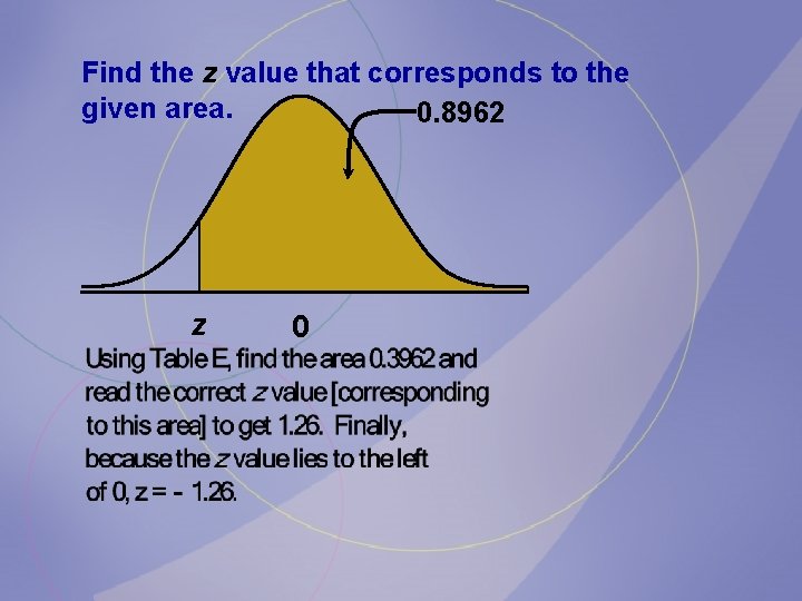 Find the z value that corresponds to the given area. 0. 8962 z 0
