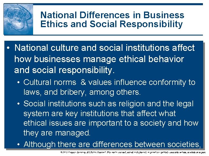National Differences in Business Ethics and Social Responsibility • National culture and social institutions