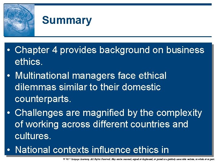 Summary • Chapter 4 provides background on business ethics. • Multinational managers face ethical