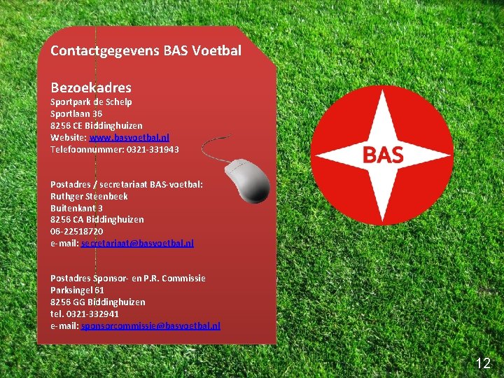 Contactgegevens BAS Voetbal Bezoekadres Sportpark de Schelp Sportlaan 36 8256 CE Biddinghuizen Website: www.