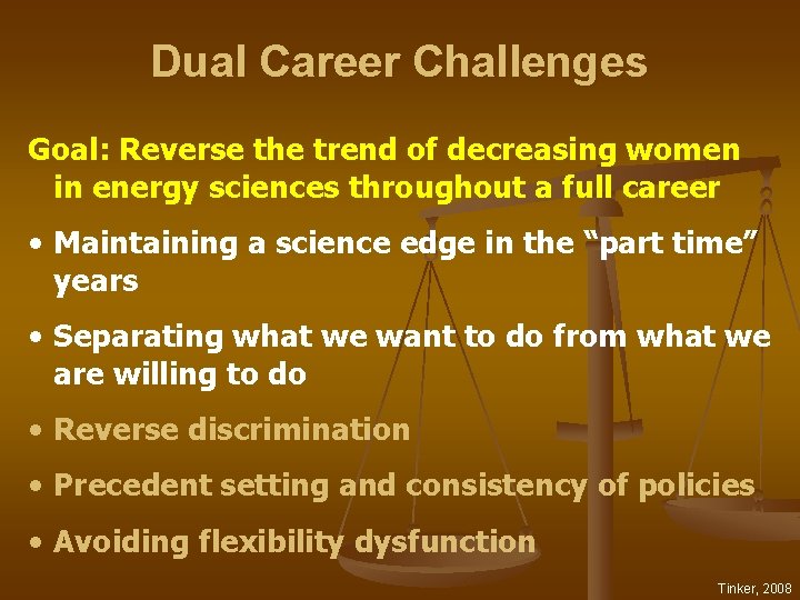 Dual Career Challenges Goal: Reverse the trend of decreasing women in energy sciences throughout