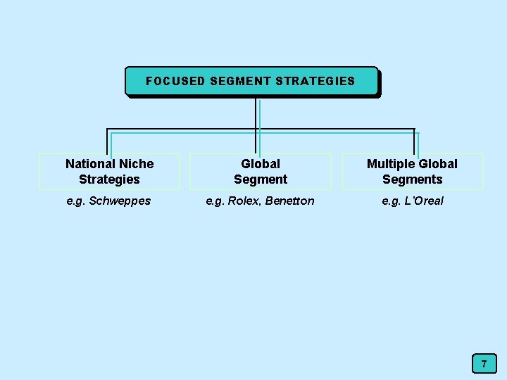 FOCUSED SEGMENT STRATEGIES National Niche Strategies Global Segment Multiple Global Segments e. g. Schweppes