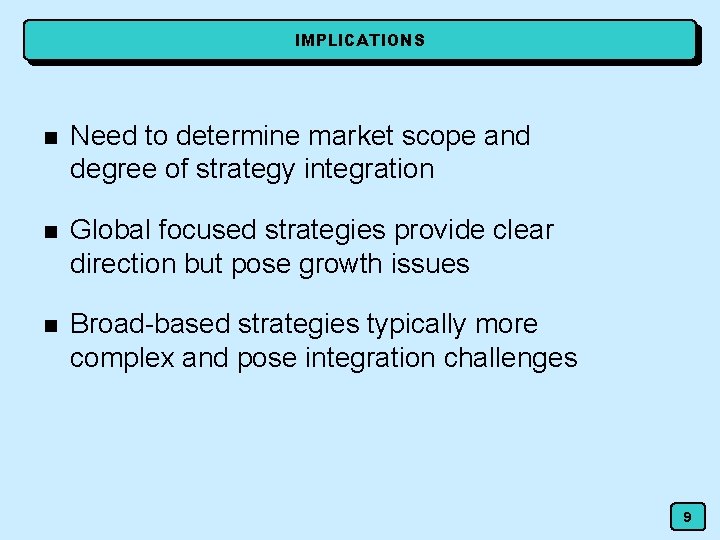IMPLICATIONS n Need to determine market scope and degree of strategy integration n Global