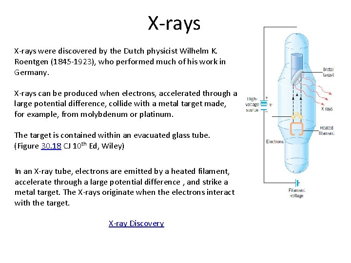 X-rays were discovered by the Dutch physicist Wilhelm K. Roentgen (1845 -1923), who performed