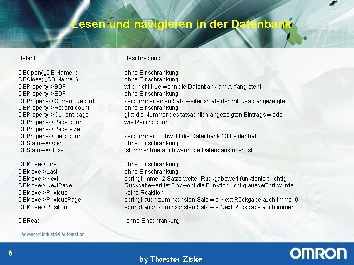 Lesen und navigieren in der Datenbank 6 Befehl Beschreibung DBOpen( „DB Name" ) DBClose(