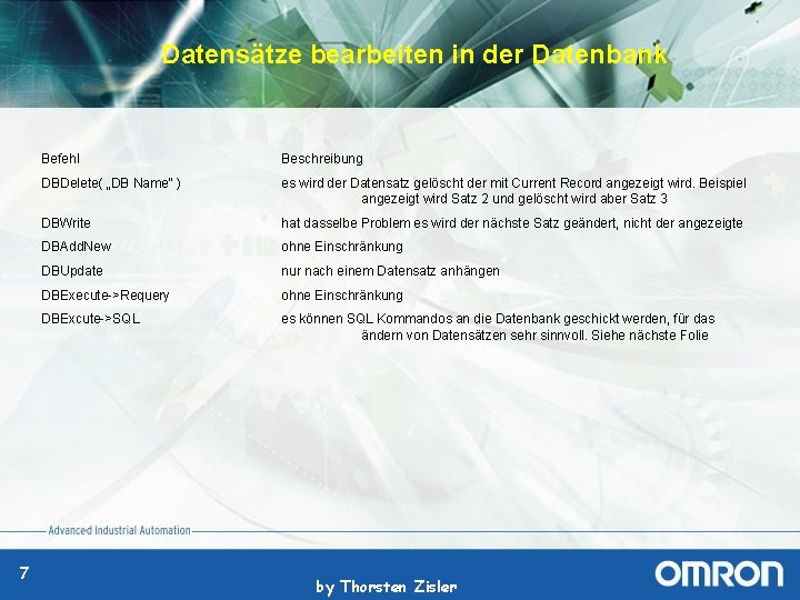 Datensätze bearbeiten in der Datenbank 7 Befehl Beschreibung DBDelete( „DB Name" ) es wird