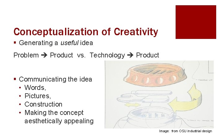 Conceptualization of Creativity § Generating a useful idea Problem Product vs. Technology Product §