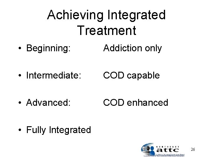 Achieving Integrated Treatment • Beginning: Addiction only • Intermediate: COD capable • Advanced: COD