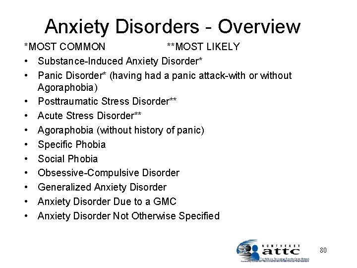 Anxiety Disorders - Overview *MOST COMMON **MOST LIKELY • Substance-Induced Anxiety Disorder* • Panic