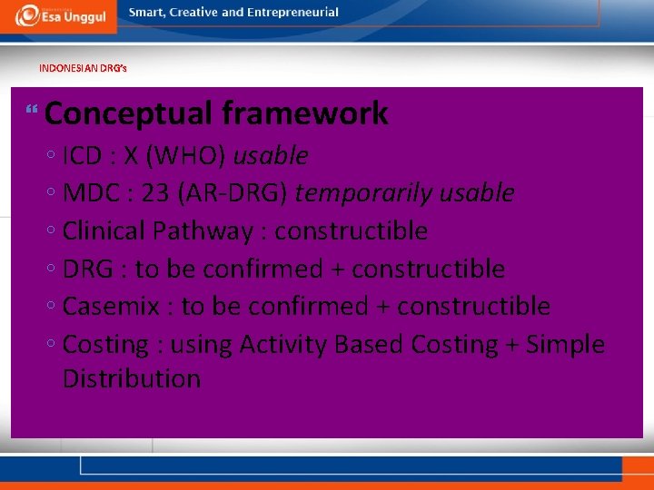 INDONESIAN DRG’s Conceptual framework ◦ ICD : X (WHO) usable ◦ MDC : 23 INDONESIAN DRG’s Conceptual framework ◦ ICD : X (WHO) usable ◦ MDC : 23