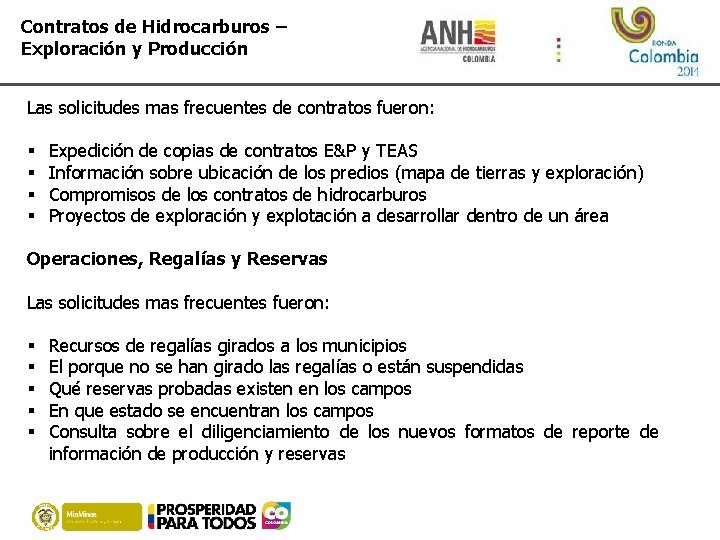 Contratos de Hidrocarburos – Exploración y Producción Las solicitudes mas frecuentes de contratos fueron: