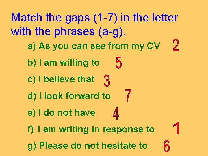 Match the gaps (1 -7) in the letter with the phrases (a-g). a) As