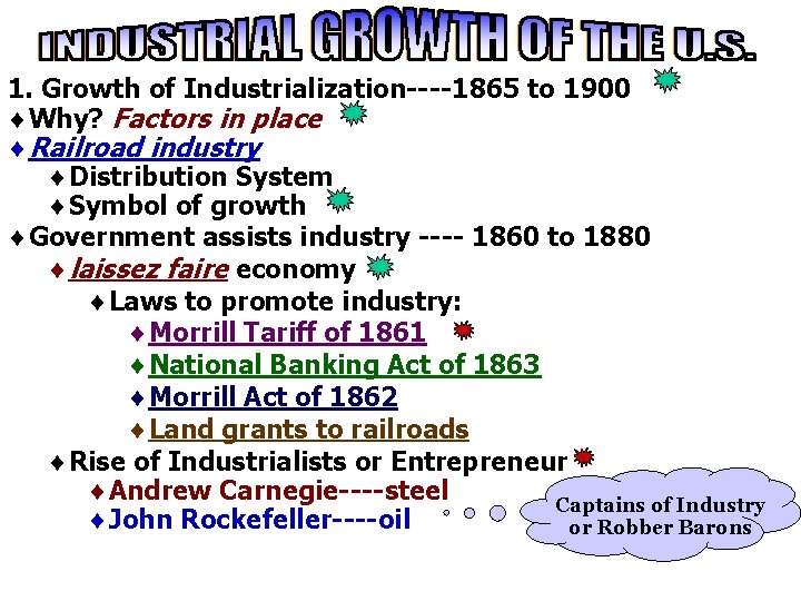 1. Growth of Industrialization----1865 to 1900 ¨Why? Factors in place ¨Railroad industry ¨Distribution System