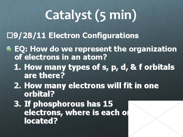 Catalyst (5 min) 9/28/11 Electron Configurations EQ: How do we represent the organization of