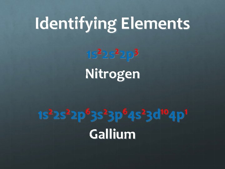 Identifying Elements 1 s 22 p 3 Nitrogen 1 s 22 p 63 s