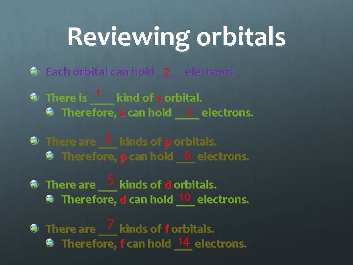Reviewing orbitals 2 electrons. Each orbital can hold ____ 1 kind of s orbital.