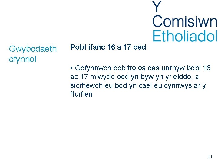 Gwybodaeth ofynnol Pobl ifanc 16 a 17 oed • Gofynnwch bob tro os oes