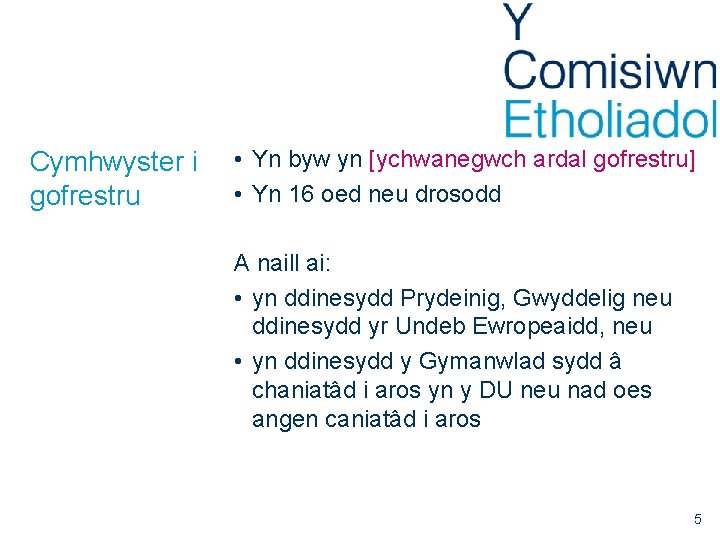 Cymhwyster i gofrestru • Yn byw yn [ychwanegwch ardal gofrestru] • Yn 16 oed