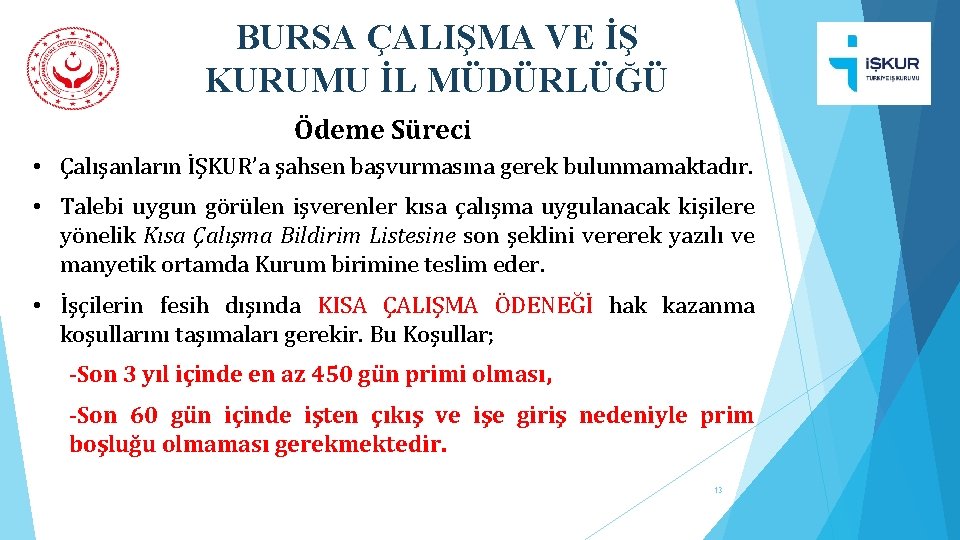 BURSA ÇALIŞMA VE İŞ KURUMU İL MÜDÜRLÜĞÜ Ödeme Süreci • Çalışanların İŞKUR’a şahsen başvurmasına