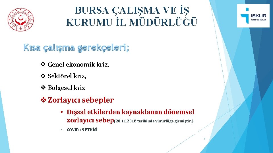 BURSA ÇALIŞMA VE İŞ KURUMU İL MÜDÜRLÜĞÜ Kısa çalışma gerekçeleri; v Genel ekonomik kriz,