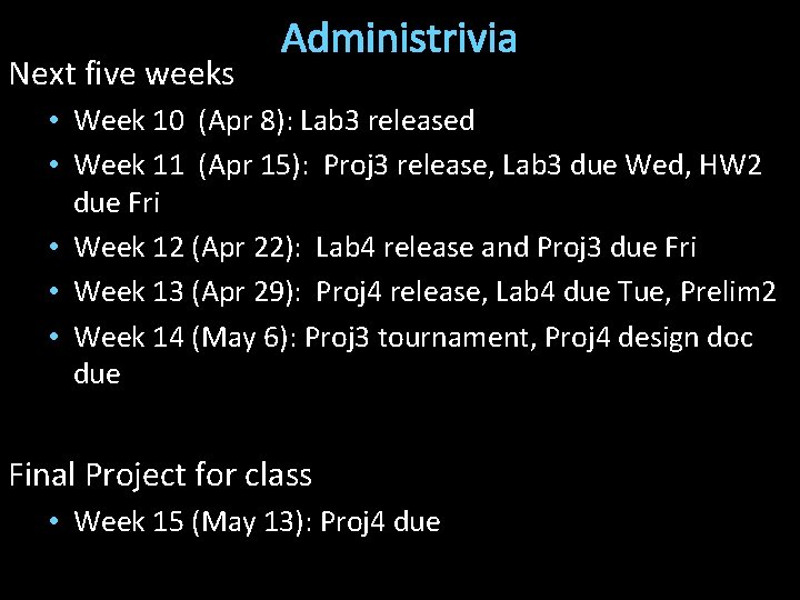 Next five weeks Administrivia • Week 10 (Apr 8): Lab 3 released • Week