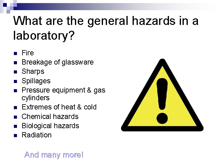 What are the general hazards in a laboratory? n n n n n Fire
