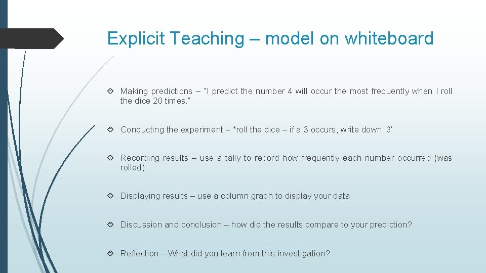 Explicit Teaching – model on whiteboard Making predictions – “I predict the number 4