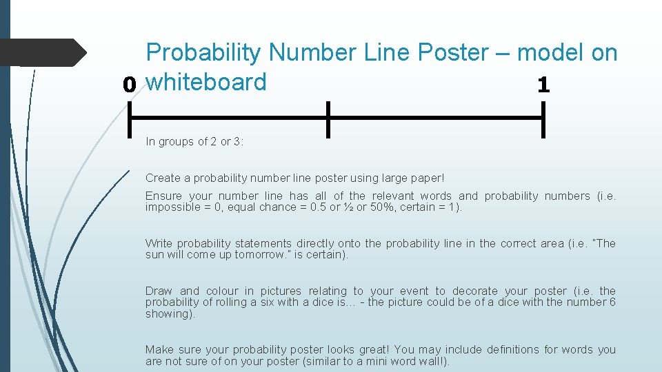 Probability Number Line Poster – model on 0 whiteboard 1 In groups of 2