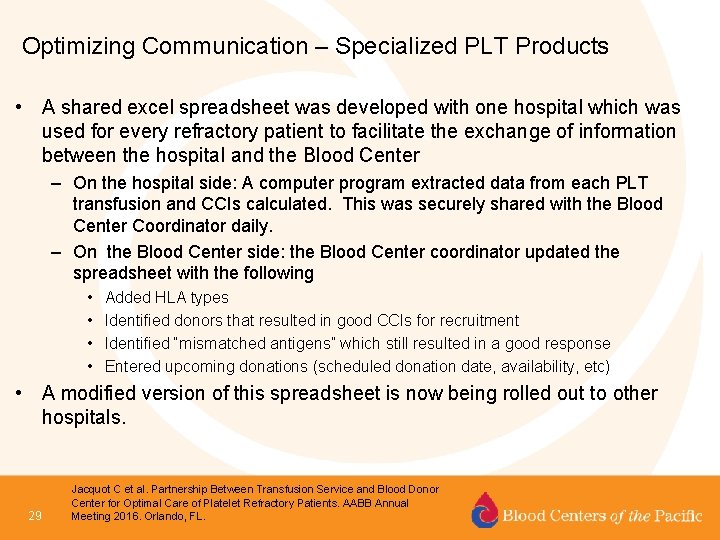 Optimizing Communication – Specialized PLT Products • A shared excel spreadsheet was developed with