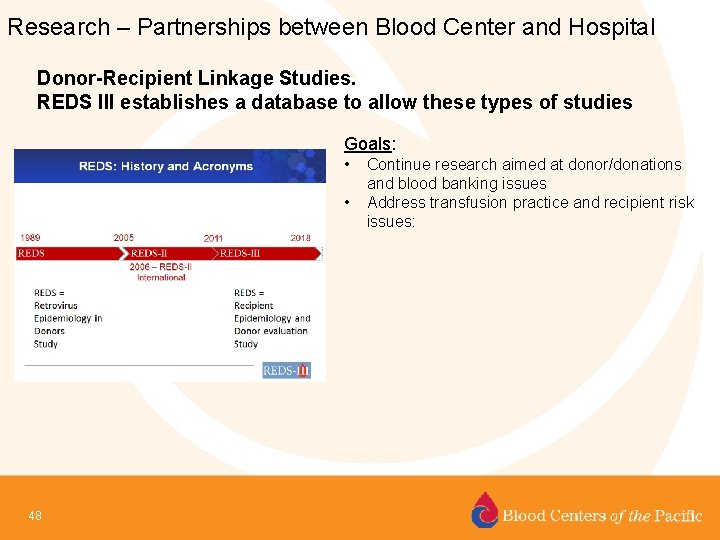 Research – Partnerships between Blood Center and Hospital Donor-Recipient Linkage Studies. REDS III establishes