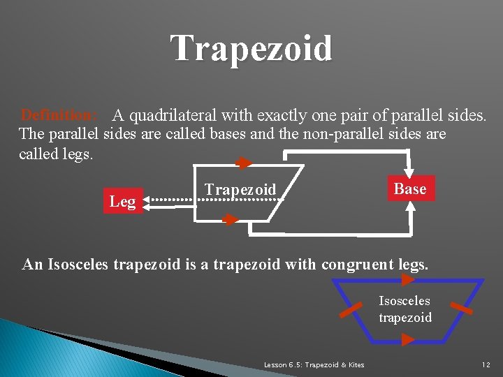 Trapezoid Definition: A quadrilateral with exactly one pair of parallel sides. The parallel sides
