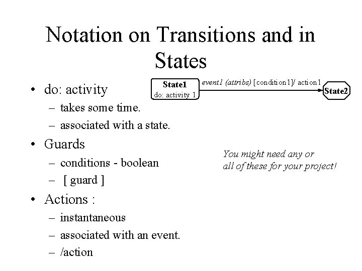 Notation on Transitions and in States • do: activity State 1 do: activity 1 Notation on Transitions and in States • do: activity State 1 do: activity 1