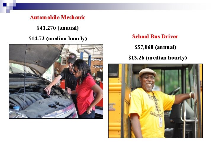 Automobile Mechanic $41, 270 (annual) $14. 73 (median hourly) School Bus Driver $37, 060