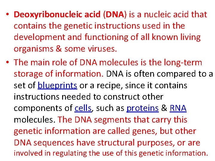  • Deoxyribonucleic acid (DNA) is a nucleic acid that contains the genetic instructions