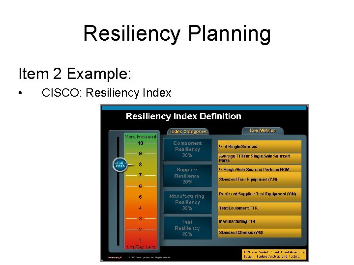 Resiliency Planning Item 2 Example: • CISCO: Resiliency Index 