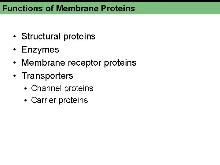 Functions of Membrane Proteins • • Structural proteins Enzymes Membrane receptor proteins Transporters •