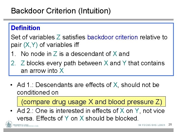 Backdoor Criterion (Intuition) Definition Set of variables Z satisfies backdoor criterion relative to pair