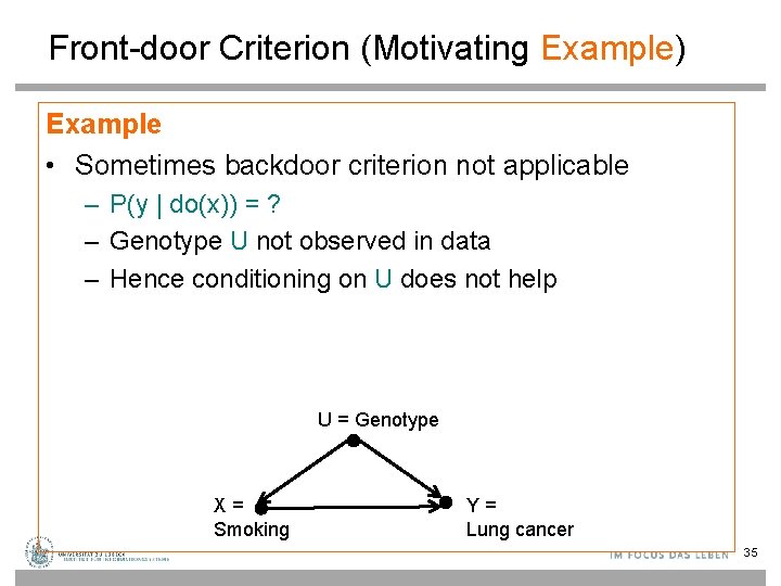 Front-door Criterion (Motivating Example) Example • Sometimes backdoor criterion not applicable – P(y |