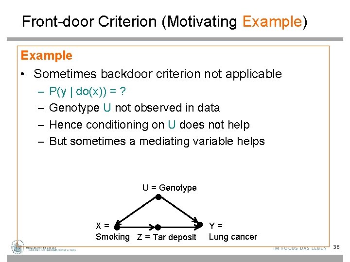 Front-door Criterion (Motivating Example) Example • Sometimes backdoor criterion not applicable – – P(y