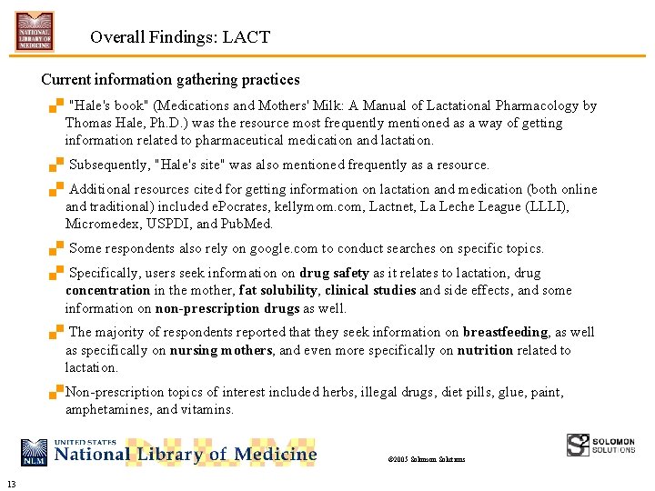 Overall Findings: LACT Current information gathering practices. "Hale's book" (Medications and Mothers' Milk: A