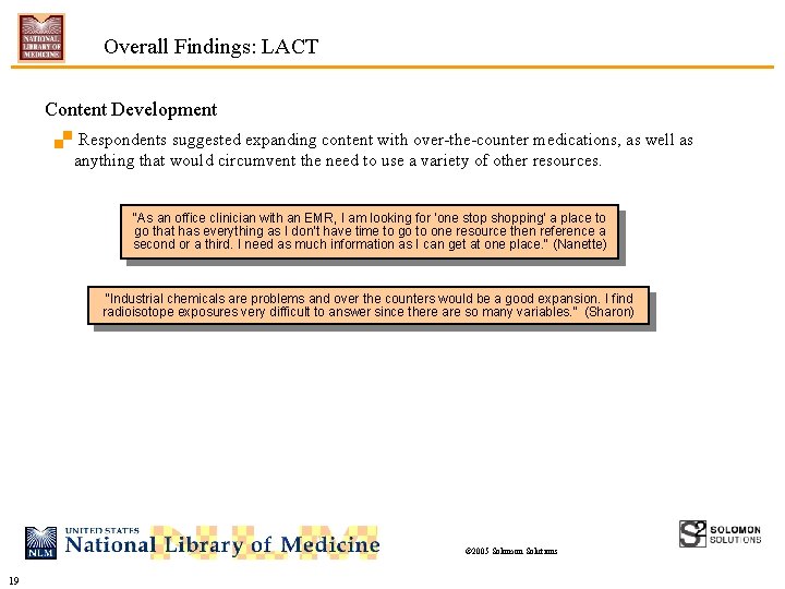 Overall Findings: LACT Content Development. Respondents suggested expanding content with over-the-counter medications, as well