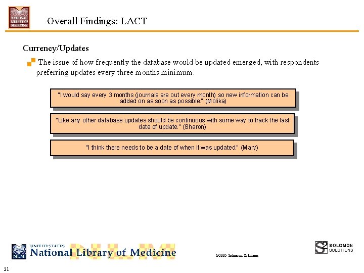 Overall Findings: LACT Currency/Updates. The issue of how frequently the database would be updated